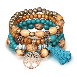 Sternstunde Pack of 4 Boho Bracelets Women, Chakra Bracelet for Women, Jewellery Boho Bangles with Wooden Beads and Tassel, Chakra Bracelet, Tree of Life Charm, Love, Statement Bangles, [No metal