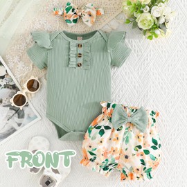 GDTOGRT Baby Girl Clothes 0-3 Months Newborn Infant Outfit Ruffle Romper Short Pants Clothing Sets for Summer Spring - Green