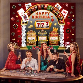Mocsicka Casino Birthday Backdrop Las Vegas Theme Casino Night Happy Birthday Party Banner Decorations Dice Poker Birthday Photography Background Photo Booth Prop (Black/Red, 7x5ft(82''x60''))