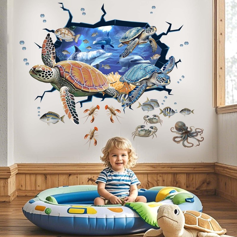 Sea Turtle Wall Stickers for Kids: Peel and Stick Under