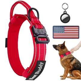 AUBELL Reflective Tactical Dog Collar,Adjustable Military Heavy Duty K9 Collars with Handle and Quick Release Metal Buckle Great for Large Dogs, with Airtag Case and 2 Patches (Red,L)