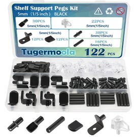 Tugermoola 122PCS Shelf Pegs Pins for Shelves Black 5mm Shelf Support Pegs Kit Cabinet Shelf Holders Pegs Clips for Wood Shelving OLA028