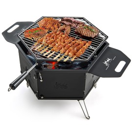 HAPPYGRILL Portable Charcoal Grill Stove, Outdoor Hibachi Grill Smoker w/ 360° Rotatable Grill, Foldable Body & Legs, Heavy-duty BBQ Grill w/Handles for Cooking & Heating