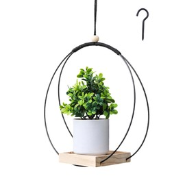 Diyxisk Hanging Flower Pot, Metal Ring Hanging Flower Pots, Hanging Flower Pot Outdoor, Hanging Flower Pots Indoor, with Wooden Base, for Balcony, Ceiling, Window, Garden, Porch, Balcony (Black)