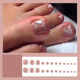 24Pcs Short Square Press on Toenails Nude Pink Fake Toenails Pearl & Rhinestone Nail Charms Acrylic Nails Glossy Full Cover Stick on Toenails Summer Holiday Artificial Toenails for Women Girls