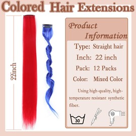 12 Pcs Mixed colored hair extensions 22 Inch Straight hair colorful clip in extensions Highlight Party for Kids Girls and Women Gift(22 inch Mix Color)