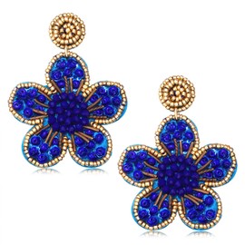 Beaded Drop Earrings Statement Colorful Beaded Flower Earrings Handmade Bohemia Tropical Beadwork Dangle Earrings For Woman (sapphire)