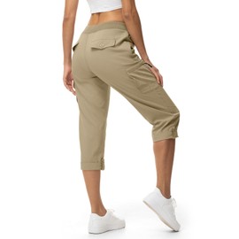 BGOWATU Women's Capri Cargo Pants Lightweight Quick Dry Hiking Pants Outdoor Summer Casual Athletic Roll Up Pants Grey Khaki XS