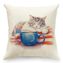 RLCMO Patriotic Star Stripes Cat Coffee Cup Throw Pillow Cover 18 x 18 Inch Linen for 4th of July Independence Memorial Day Sofa Couch Decor Family Room Home Decor Car Cushion Cover