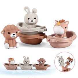 Nueplay Bathtub Toys for Toddlers 18M+，Baby Bath Toys with Animal Finger Puppets，Stackable Boat Train，Gift for Baby & Toddlers Set of 6