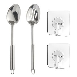1 Piece Spoon and 1 Piece Colander, with 2 Piece Hooks, Cooking Tools, Stainless Steel Kitchen Utensils, Durable Kitchen Utensils, Kitchen Supplies