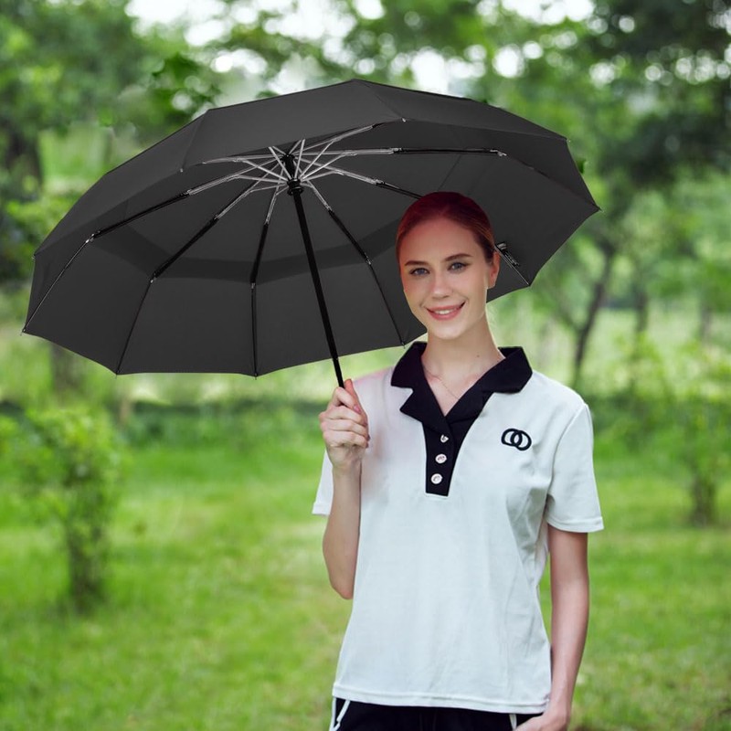 LANBRELLA Travel Umbrella, Compact Folding Vented Double Canopy Auto Open