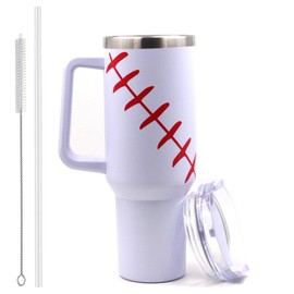 FMYWZS 40 oz Baseball Handle Tumbler, Double Wall Insulated Tumblers with Lids and Straws, Stainless Steel Travel Water Cup,Keep Drinks Cold and Hot (40 oz, White Baseball)