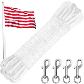 Anglekai 50Ft Flag Pole Rope Kit, 0.31 in/ 8 mm Flag Rope and Clips Kit Replacement Flag Pole Halyard Nylon Rope 4PCS Swivel Snap Clips/Cleat Hook (50FT)