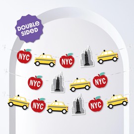 Big Dot of Happiness NYC Cityscape Garland Banner, New York City Party Decorations Banner, 30 Feet of Cord, 15 Double-Sided Big Apple, Taxi, Skyscraper