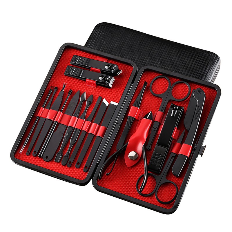 18PCS Nail Clippers Set Black Stainless Steel Portable High Strength