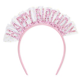 Semato Birthday Headband with Veil Birthday Crown Pink Birthday Girl Headband Happy Birthday Headband Tiara Birthday Headband for Women