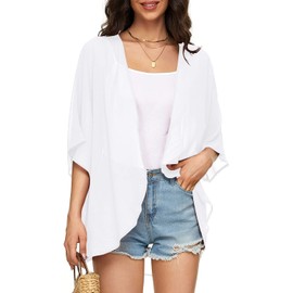 Women's Solid Puff Sleeve Kimono Cardigan Loose Cover Up Casual Blouse Top Chiffon, White, Medium