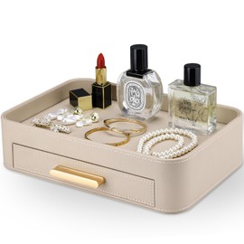 GORESE Valet Jewelry Tray Nightstand Organizer with Drawer, PU Leather Perfume Tray Trinket Trays for Vanity Bathroom Entryway, Catchall Trays for Key Purse Watch Cologne, Gift for Women Men, Beige