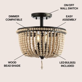 JONATHAN Y JYL9020A 14" Boho Beaded Semi Flush Mount Ceiling Light, 3-Light Farmhouse Close to Ceiling Light Fixture with Wood Beads for Bedroom, Hallway, Entryway, Kitchen, Black Finish
