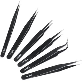 CHERALKEST 6 Pcs Precision Tweezers Set, Premium Anti-Static Stainless Steel Tweezer, ESD Curved of Tweezers for Electronics, Craft, Laboratory Work, Jewelry-Making, etc