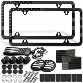 RCKJNJ American Flag License Plate Frames- Heavy Duty Stainless Steel Patriotic USA Car Tag Holder with Rustproof Screws, 2 Pack Slim Edge 4 Hole