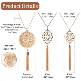 Flongo Y Shape Necklace with Tassel for Women: 3 Pieces Gold Celtic Knot Boho Sweater Chain Round Flower Tassel Pendant Long Chain for Women, Stainless Steel