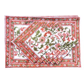 Rastogi Handicrafts Hand Block 100% Cotton Indian Style Theme Dining Table Mats and Napkins Set of 6 Place-mats Runners (Orange 1)