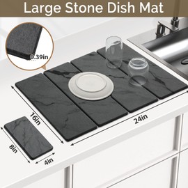 2 PCS Large Stone Dish Drying Mat for Kitchen Counter Quick Dry Stone Dishes Mats Marbled Water Absorbing Diatomaceous Earth Drying Pad for Countertop Bottles Utensils Cups (Dark gray 24"x16"&8"x4")