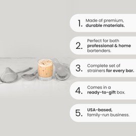 A Bar Above Professional Cocktail Strainer Set, 3-Piece Bundle, Includes Hawthorne and Julep Strainer, Fine Mesh Strainer, Rust Proof, Stainless Steel, for Home and Professional Bartender