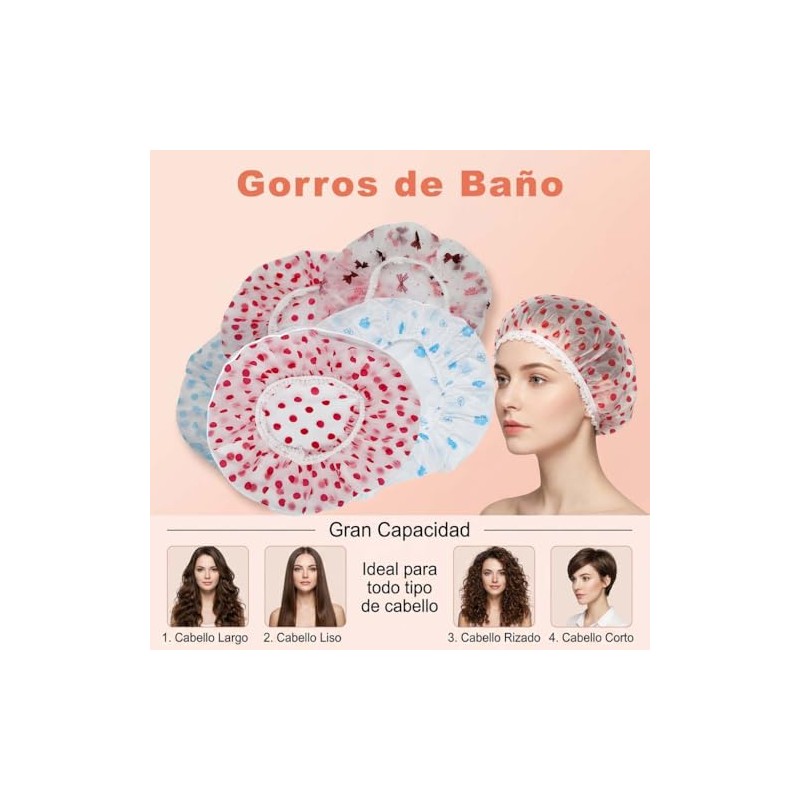 Gorro de Ducha Impermeable 5Pzs, Gorra de Baño Mujer Elástico,