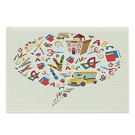 Ambesonne Bus Cutting Board, Speech Bubble from Tools ABCs Rulers Scissors Notebooks Crayons, Decorative Tempered Glass Cutting and Serving Board, Large Size, Multicolor
