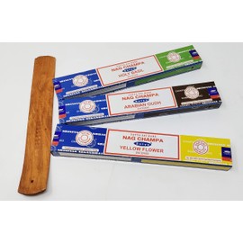 Satya Nag Champa Combo Incense Sticks Mix Deal - Yellow Flower Arabic Oudh Holy Basil with JR Incense Holder SNC16