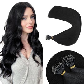 Elailite Hair Extensions Real Human Hair Nano Ring Nano Beads Cold Fusion 50 Strands 50g Straight (#1 Jet Black, 16 Inch)
