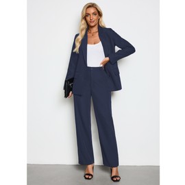 LookbookStore Pants Suit for Women Dressy Elegant Blue Two Piece Set for Women Dressy Pant Suits Womens Suits for Work Professional Outfits for Women 2 Piece Sets Dressy Fall Navy Blue Size Large