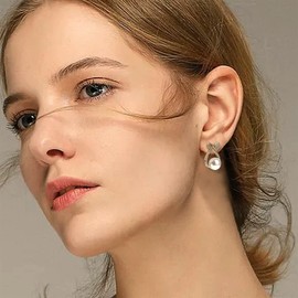 JeanBeau Gold Pearl Bow Stud Earrings for Women, Simple Rhinestone Ribbon Bowknot Sterling Silver Cartilage Studs Hypoallergenic Holiday Party Prom Statement Jewelry Gift