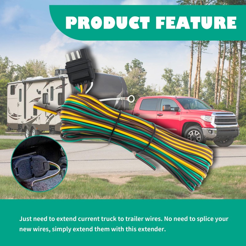 25FT Trailer Wiring Harness 4 Wire,18AWG 4 Pin Flat Plug