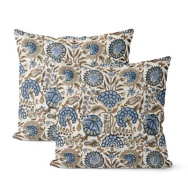 Block Print Pillow Covers 18x18 Inch Pack Of 2 Boho Blue Brown Floral Decor Throw Pillow Covers Spring Summer Flower Pillowcase Outdoor Farmhouse Decorative Square Cushion Cover for Home Couch