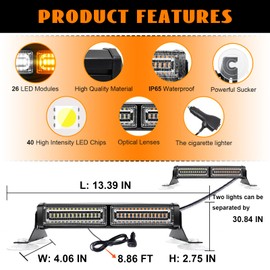 Nrgedzam 2 in 1 LED Traffic Advisor Light Bar, 40 LED Amber White Flashing Emergency Safety Warning Lights Front/Rear Windshield Hazard Beacon Lights for Truck Construction Vehicles Police Tow Car