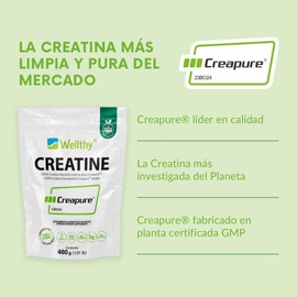 Wellthy Creatina Monohidratada Creapure® 460g. 100% Pura. Solo 1 Ingrediente Creatina Alemana Creapure®. Vegana, Sin Azúcar, 92 porciones, 5g por porción, Incluye Scoop. Pure. Proven. Perfect.