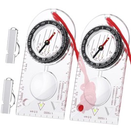 Orientation Compass, Compass Hiking, 2 Compass Set with 2 Whistles, Mini Compass Keyring for Survival Mountaineering, Outdoor Activities and Map Reading with Cord, Multifunctional Explorer Compass