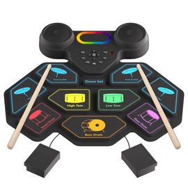 Vicbueges Electronic Drum Set, 9 Pads Roll Up Drum Kit, Built-in 2 Foot Pedals, Drumsticks, Headphone Jack, MIDI Support, Graphic