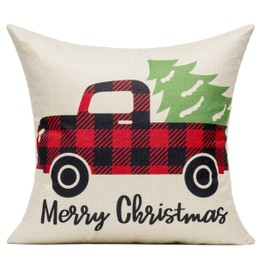 Christmas Farmhouse Buffalo Check Throw Pillow Covers Red Green Plaids Decorative Cushion Cases Winter Tree Deer Snowflake Truck Holiday Home Decor Decorations for Couch Porch Outdoor 18x18 Set of 4