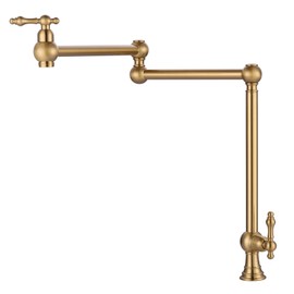 WOWOW Pot Filler Deck Mounted - Solid Brass Pot Filler Faucet Brushed Gold Kitchen Stove Faucet with Double Joint Swing Arm (Victorian Style)