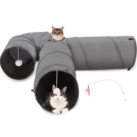 Ownpets Túnel para Gatos, Juguetes para Gatos Tunel, 3 Vías con Pelota Colgante, Tela Oxford, Extensible, Plegable y Resistente al Desgarro, Túnel para Interior, Gatitos, Perros y Conejos, 30cm, Gris