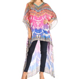 Sakkas P23 - HiLowKaftan Zeke Hi Low V-Neck Caftan Dress Boxy Printed Top Cover/Up - 1722-Blue/Pink -OS
