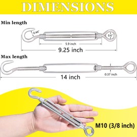 Turnbuckle Lsqurel 10PCS 304 Stainless Steel Turnbuckle Hook and Eye Heavy Duty M4 M6 M8 M10 Tensioner Adjustable Shade Sail Hardware for Tightening up Metal Cable Wire 5/32 1/4 5/16 3/8