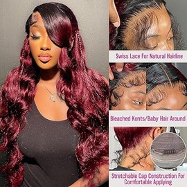 AMIRTY 250 Density Burgundy Lace Front Wigs Human Hair Wine Red Colored 13x6 1B/99J HD Lace Frontal Wigs Human Hair Pre Plucked with Baby Hair 18 Inch