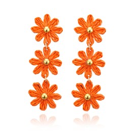 RUOFFETA Raffia Daisy Flower Earrings, Raffia Straw Wrapped Daisy Drop Dangle Earrings Summer Tropical Beach Jewelry(Orange)