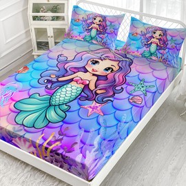 AILONEN Mermaid Fitted Sheet for Kids Girls Full Size, Mermaid Princess Bedding Set,Ocean Theme Bed Sheet Set,Purple Blue Watercolor Fish Scale BedSheets Set,1 Fitted Sheet 2 Pillowcases,3 PCS